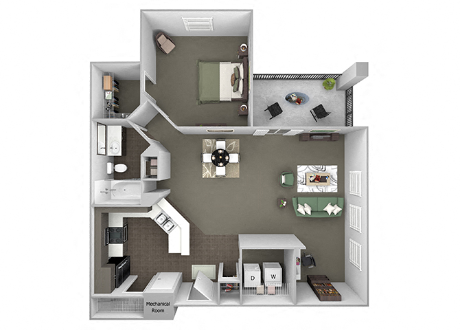 Floor plan for 1 bed, 1 bath, 947 sqft
